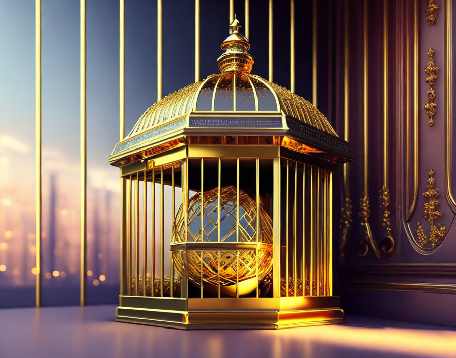 Golden cage with glowing orb, intricate designs, rich curtain, classic column