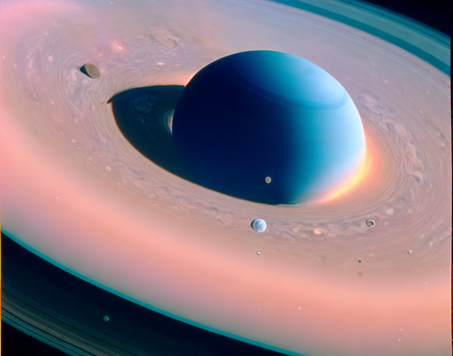 Colorful Saturn Illustration with Rings and Moons in Space