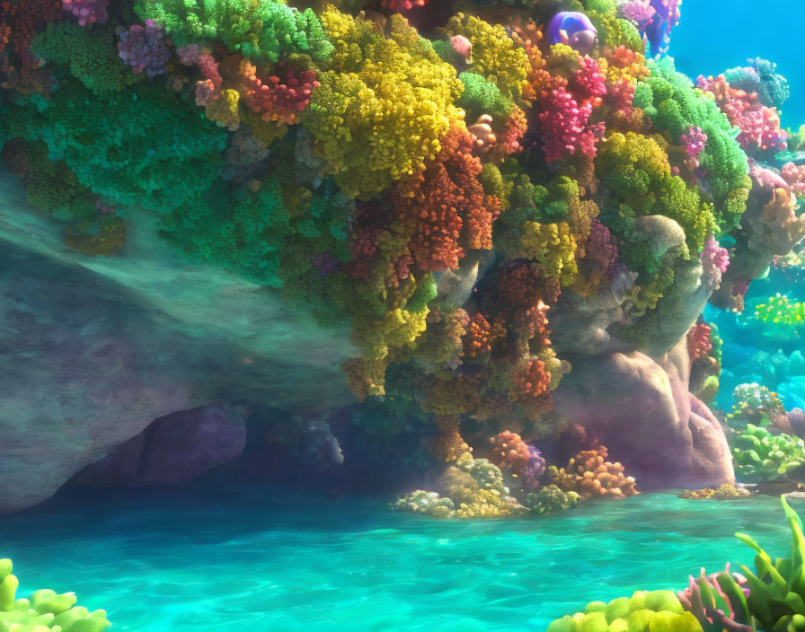 Vibrant Coral Reef Scene in Blue-Green Sea