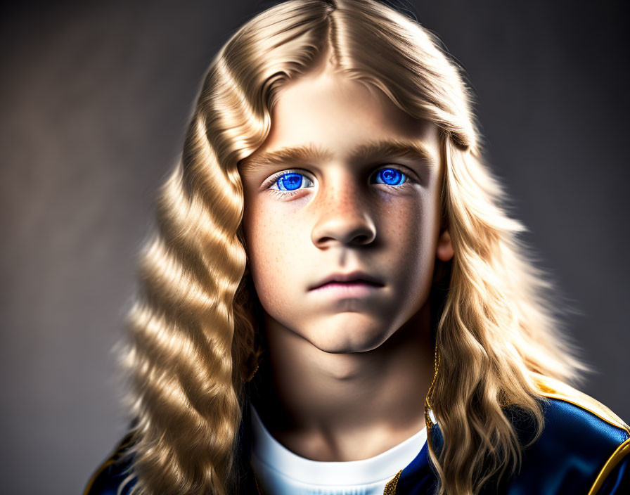 Portrait of Child with Striking Blue Eyes and Blond Hair in Blue and Gold Jacket