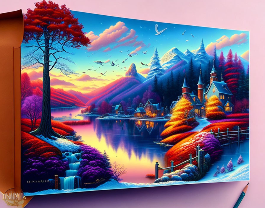 Colorful artwork of serene lake, village, mountains, and birds at sunset