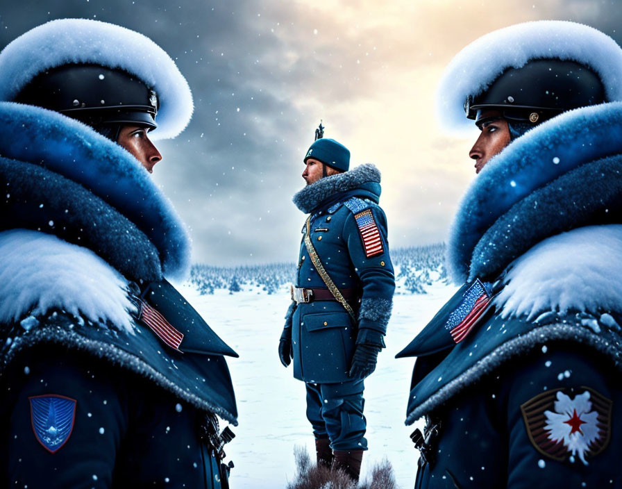 Three soldiers in blue uniforms standing in snowy terrain with fur-lined coats.