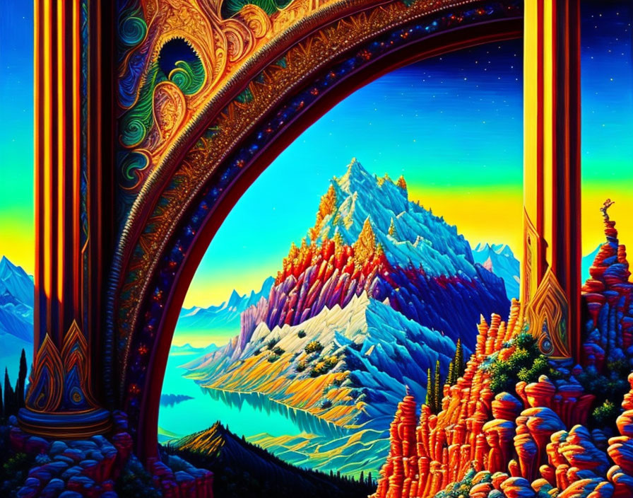 Colorful Mountain Ranges Against Golden Sunset & Ornate Gateway