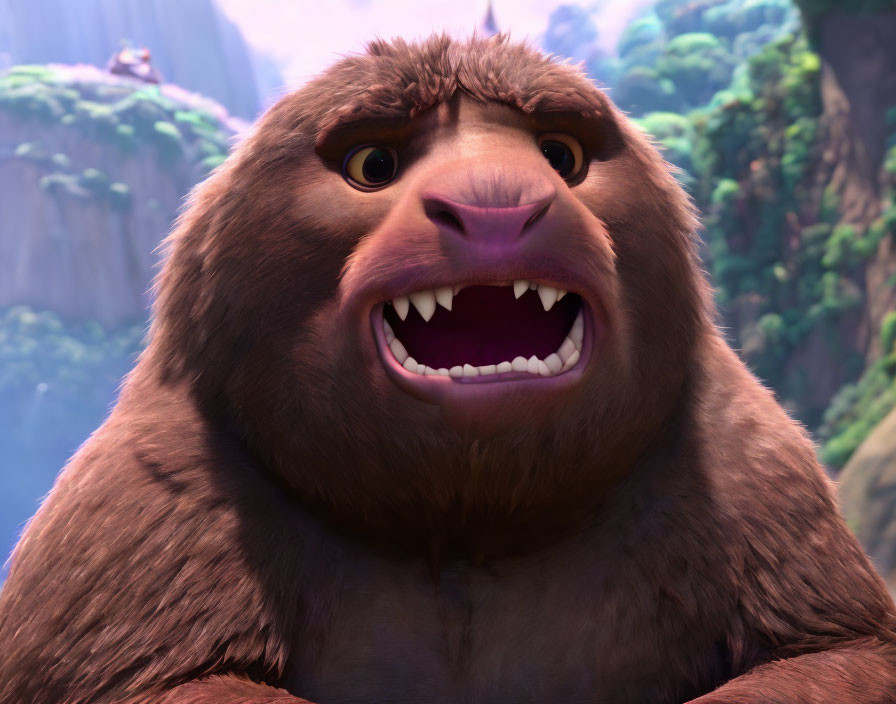 Animated brown ape close-up with forested mountain backdrop