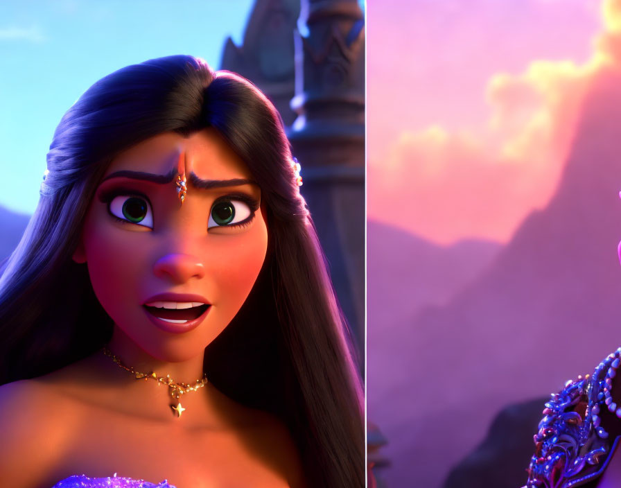 Animated character with long, wavy hair and jeweled headpiece in sunset scene