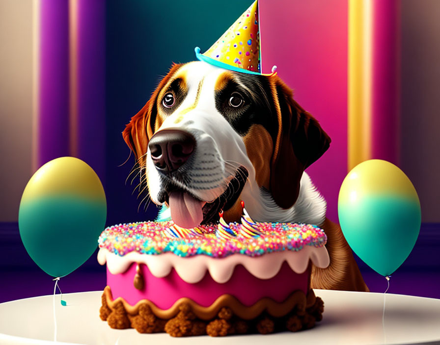 Joyful dog with party hat near birthday cake and balloons