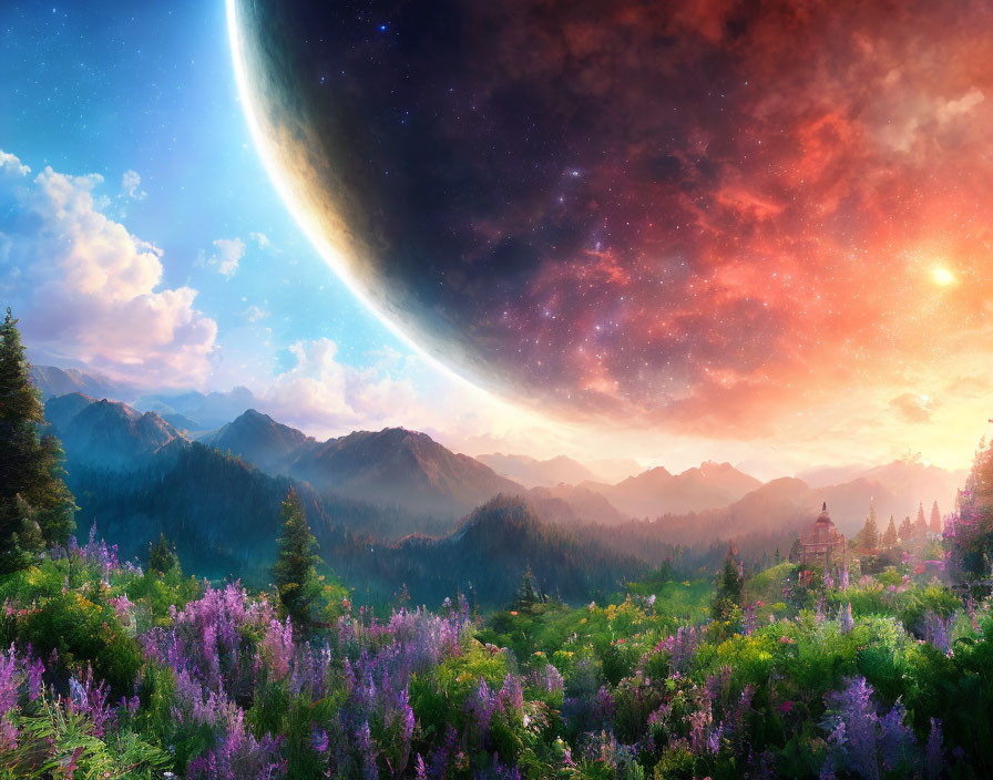 Fantasy landscape with purple flowers, mountains, castle, vibrant sunset, and large planet.