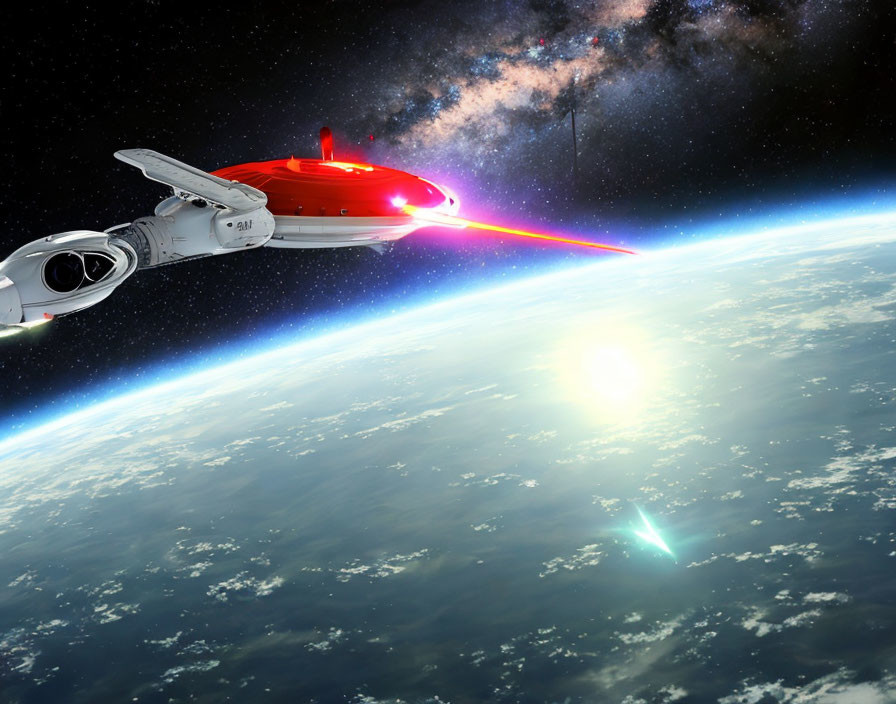 Spaceship firing red laser beam above Earth in space.