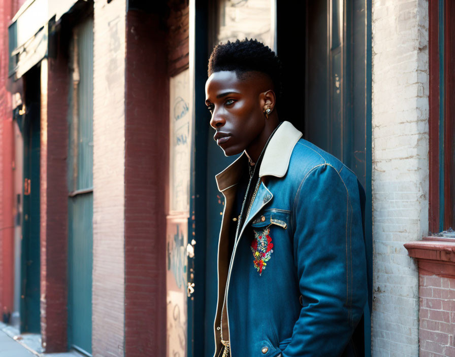 Stylish young man in embroidered suede jacket against city brick wall