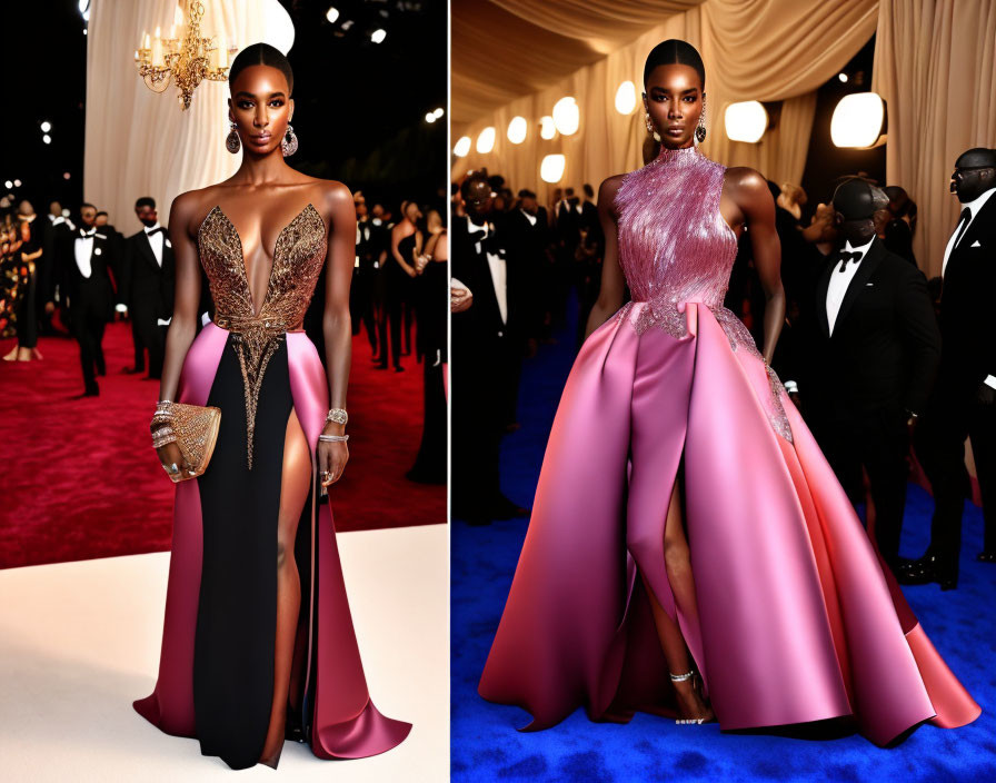 Woman in elegant evening gowns: deep neckline black & gold vs. pink high neck