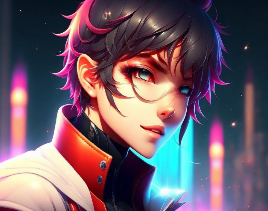 Stylized female character with short black hair in futuristic cityscape portrait