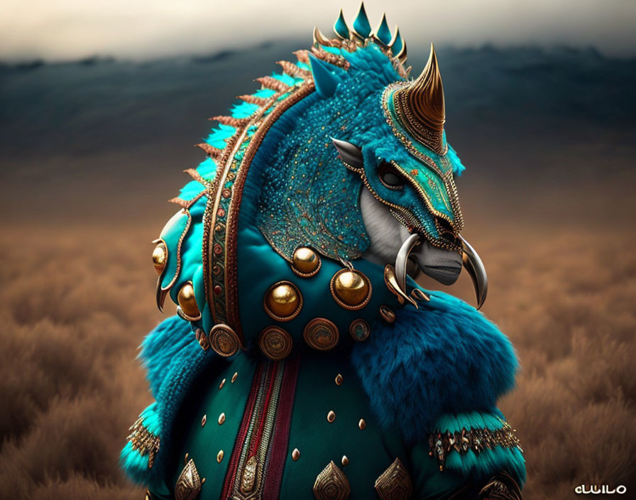 Dragon-like creature with turquoise scales and golden horns in moody landscape