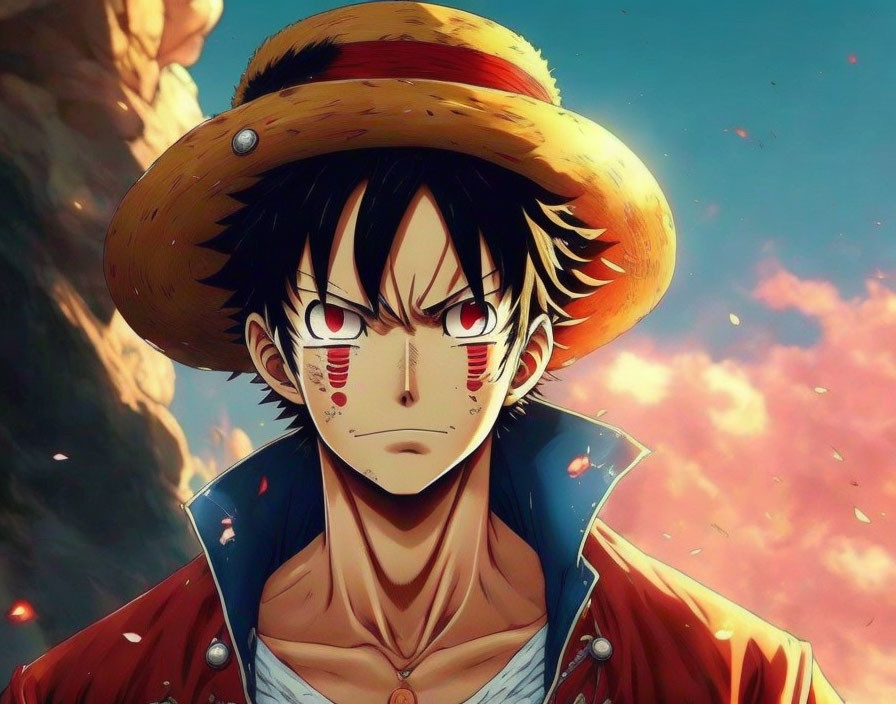 Animated character with straw hat and scars in serious expression against cloudy sunset sky