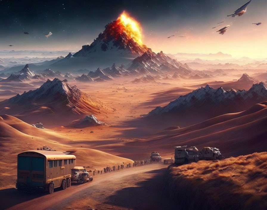 Vehicle convoy in desert near volcanic eruption under surreal sky