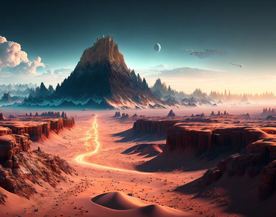 Surreal desert landscape with spire-like mountain and luminous path