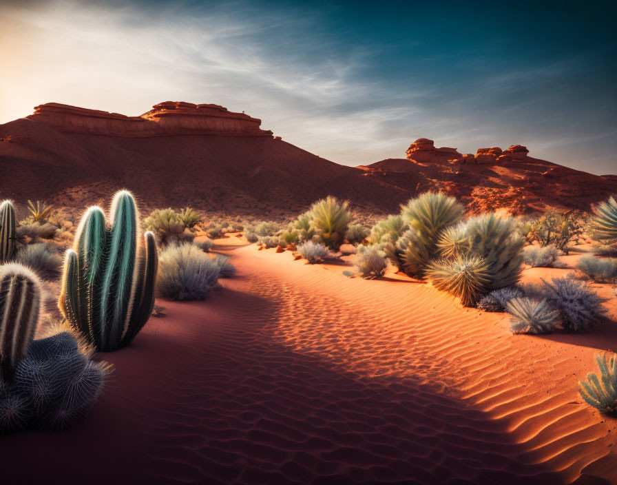 Twilight desert landscape with red sand, cacti, and rock formations