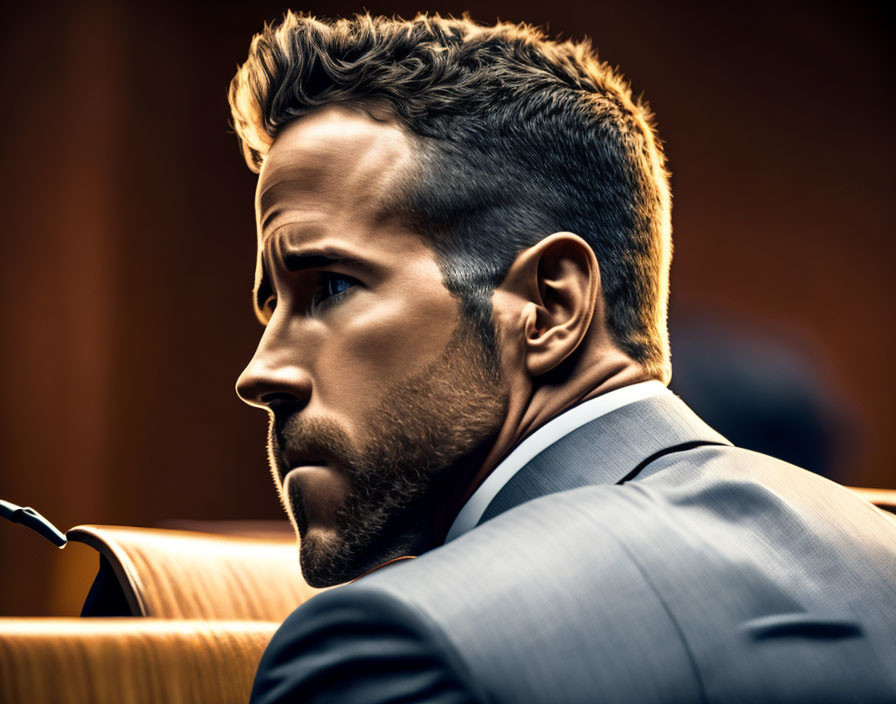 Focused man in gray suit in courtroom with neat beard.