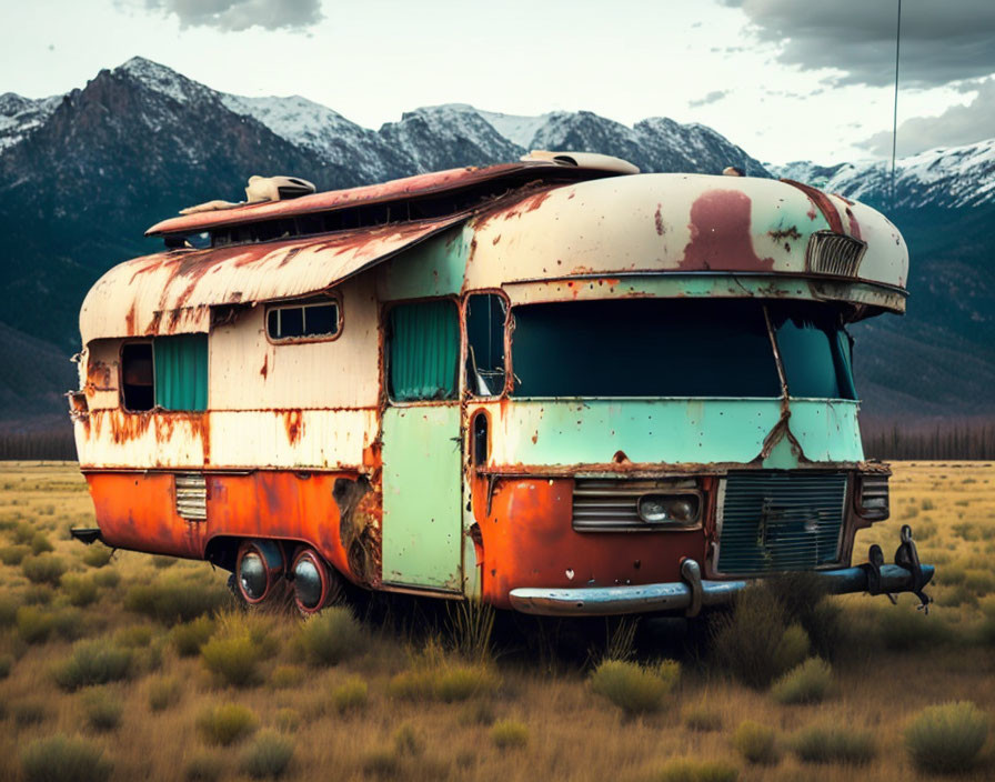 Abandoned camper van with mountains in background