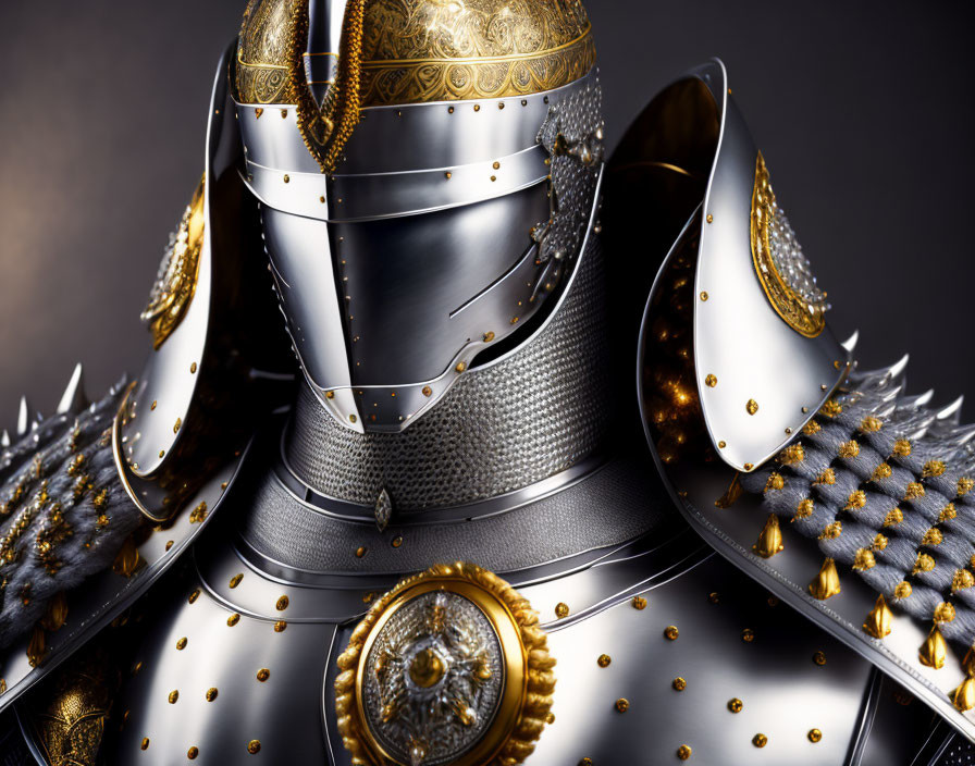 Detailed medieval knight's armor with ornate gold patterns and spikes