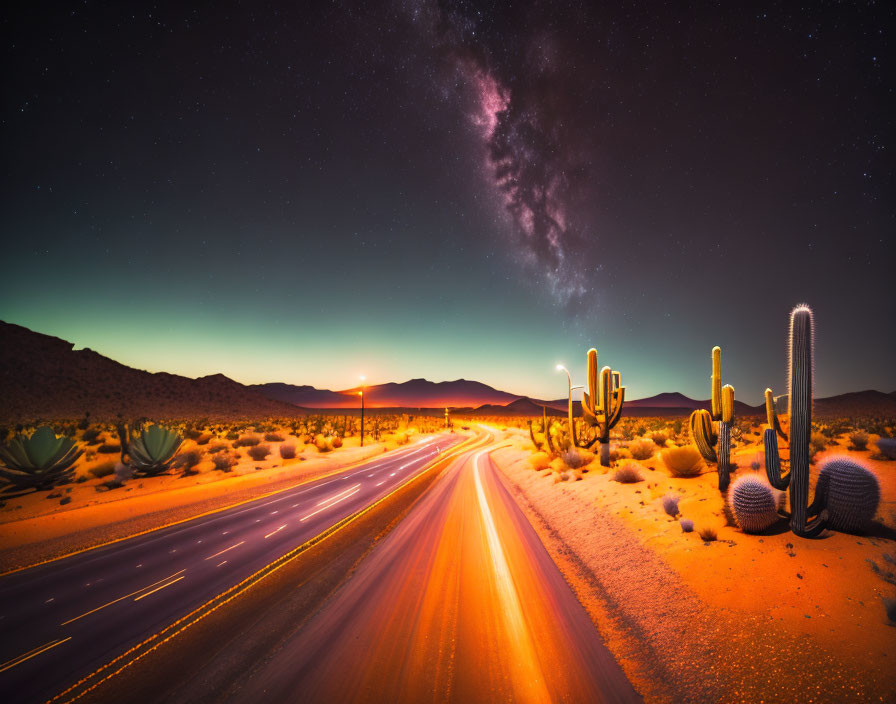 Desert highway at night with vehicle light trails, cacti, and starry sky