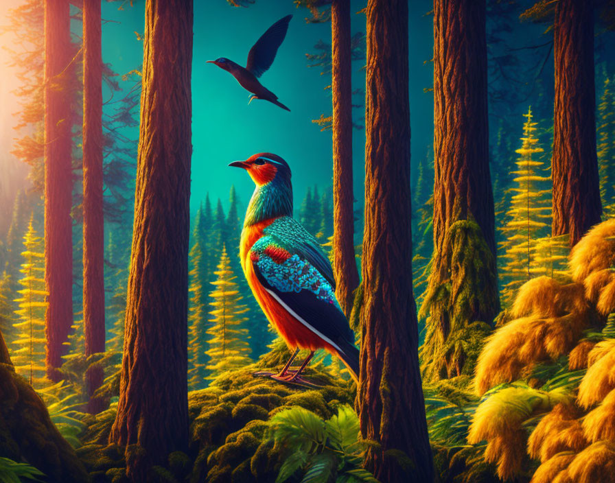 Colorful bird perched in vibrant forest with golden light