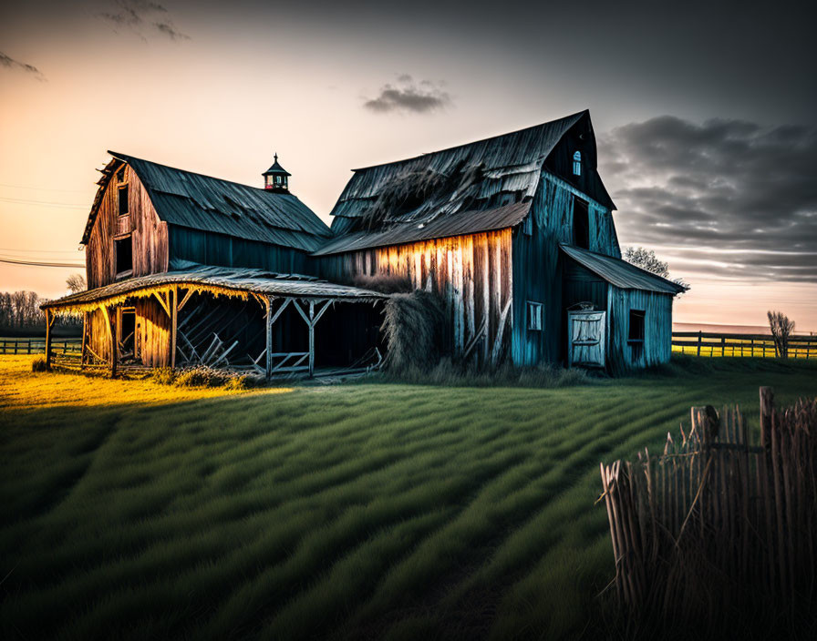 Weathered wood barn under dramatic dusk sky with green fields