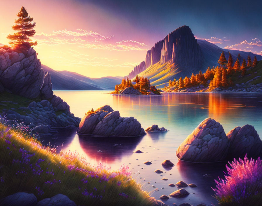 Tranquil sunset lake with purple wildflowers and majestic cliffs