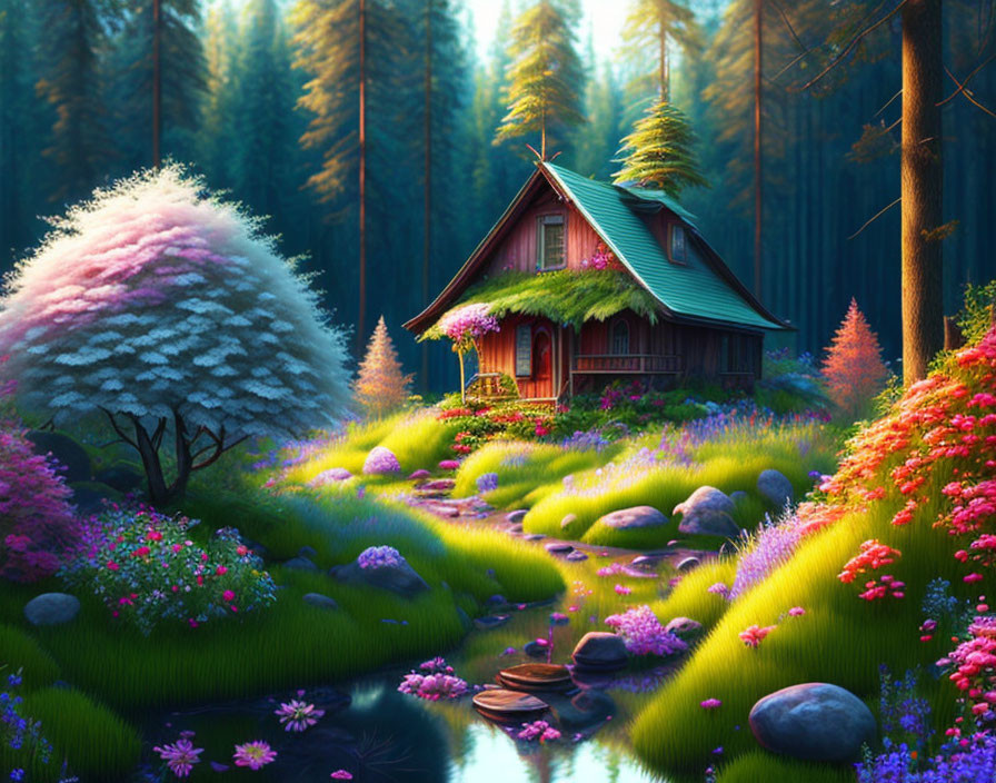 Tranquil Cottage in Forest with Stream and Flowers