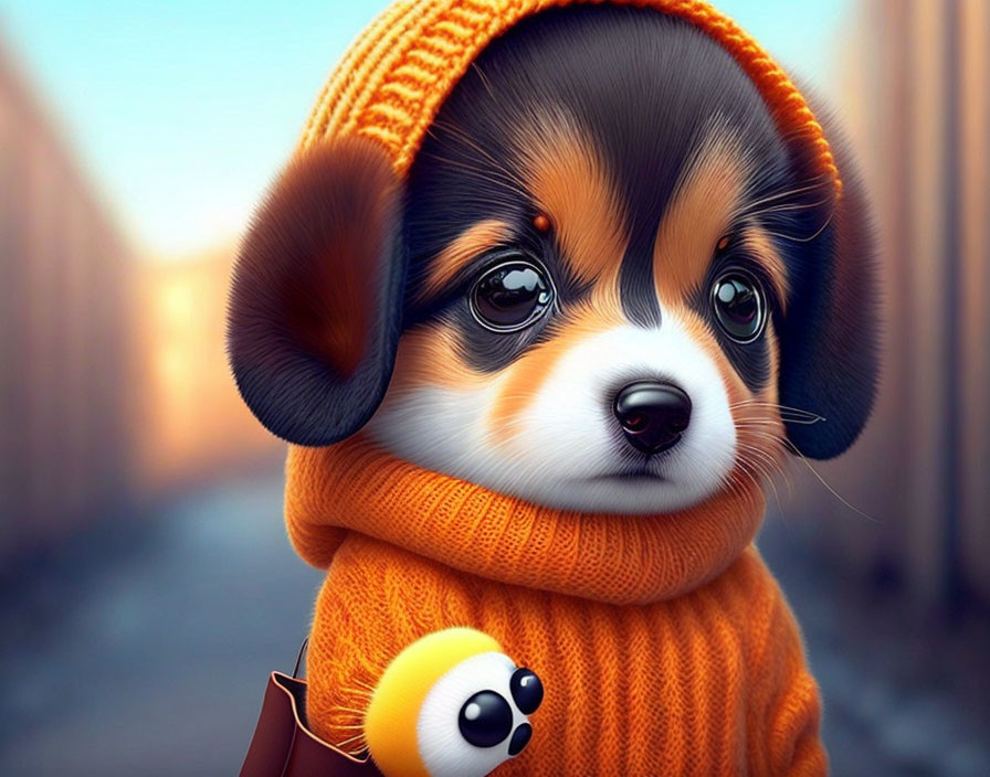 Adorable Animated Puppy in Orange Knitted Hat and Scarf