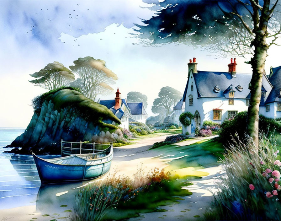 Tranquil coastal village watercolor with cottages, greenery, boat, blue sky