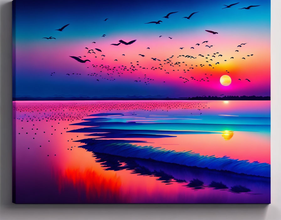 Colorful Sunset Painting with Birds and Sea Reflections