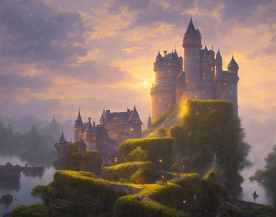 Majestic castle on lush hill at sunset with warm glow on water