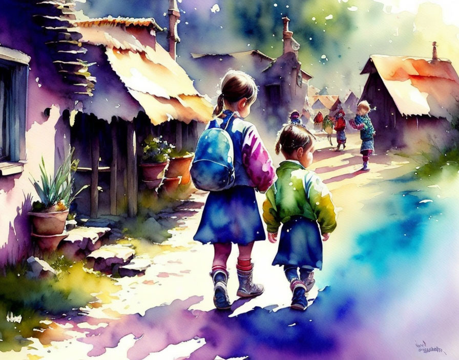 Children walking hand in hand in a village street under a colorful sunlit sky
