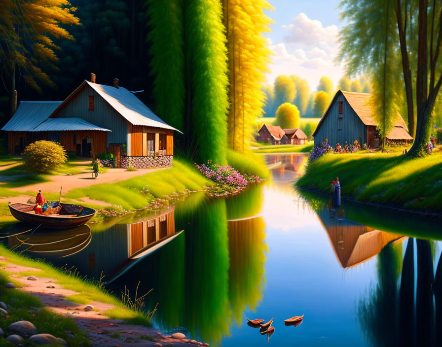 Tranquil rural river scene with cottages, boat, ducks, and vibrant flora