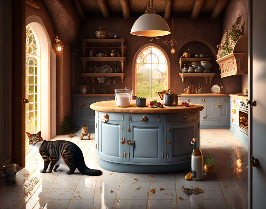 Sunlit kitchen with blue cabinets, island, pottery, cat, and food crumbs