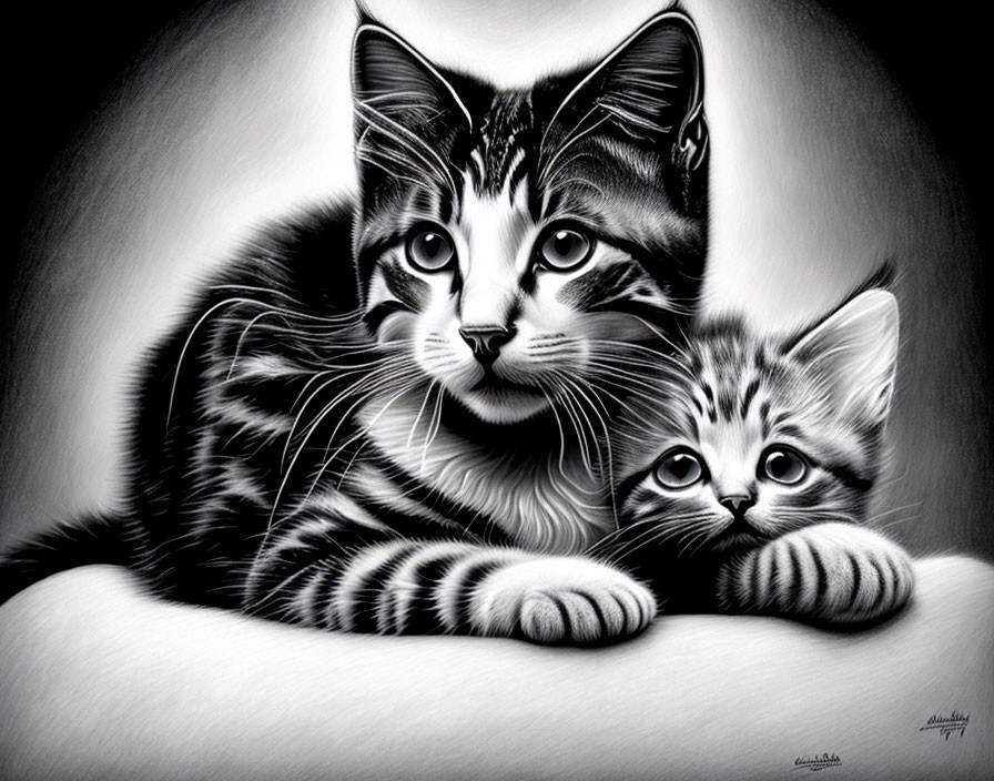 Monochrome illustration of adult and kitten striped cats lying closely.