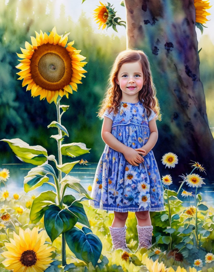 Young girl in blue floral dress near sunflower in sunlight-filtered forest.
