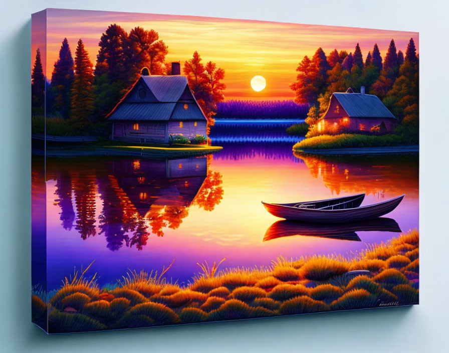 Tranquil lakeside sunset with cottages, rowboat, and vibrant reflections