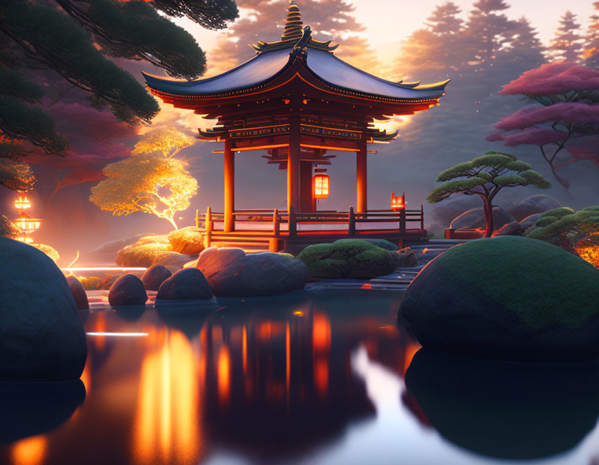 Traditional Japanese garden with red pagoda, lush trees, ponds, and lanterns