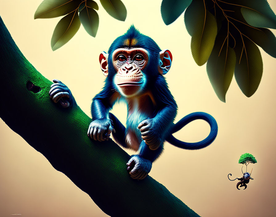 Colorful Illustration: Blue Monkey on Tree Branch with Expressive Eyes