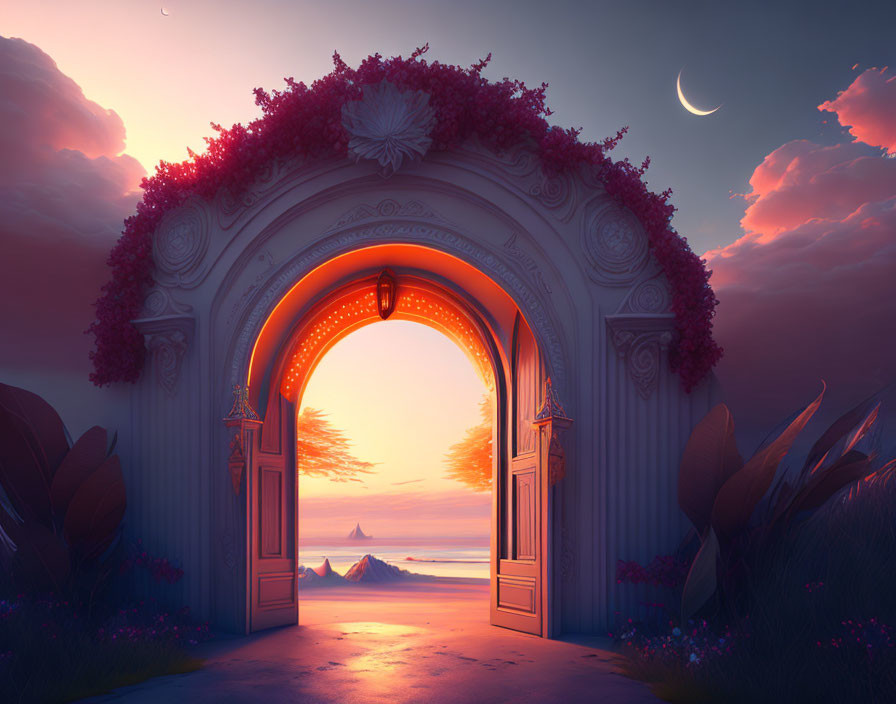 Ornate Open Doorway Overlooking Surreal Purple Landscape