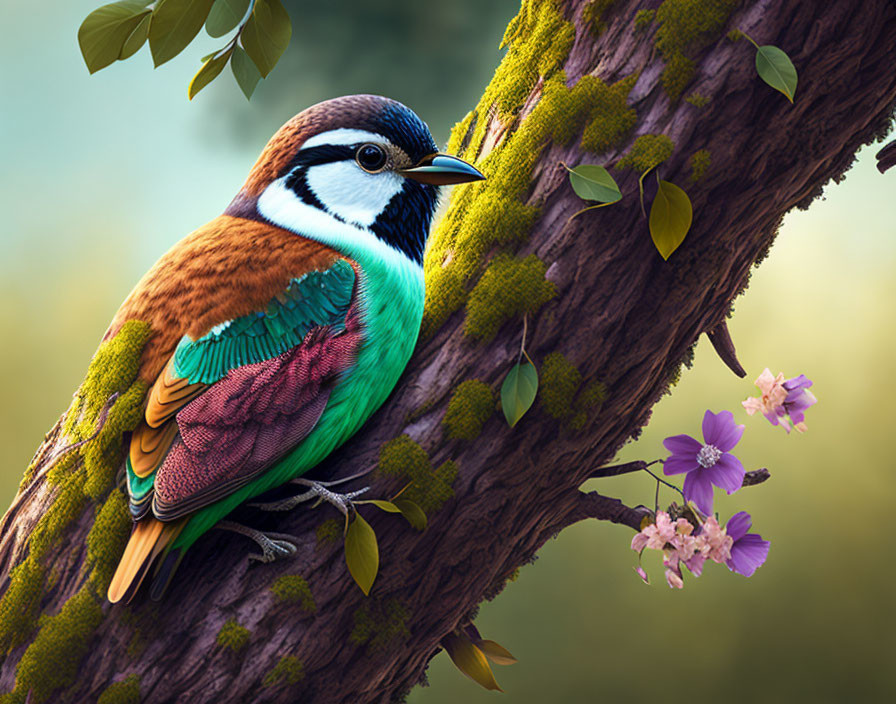 Colorful Bird with Blue Head Perched on Mossy Branch