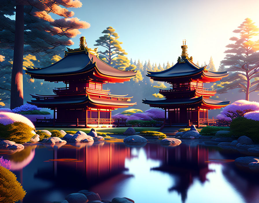 Traditional Japanese pavilions by calm pond at dusk, pine trees and vibrant flora.