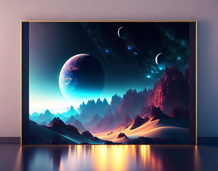 Vibrant cosmic landscape with multiple moons and alien terrain