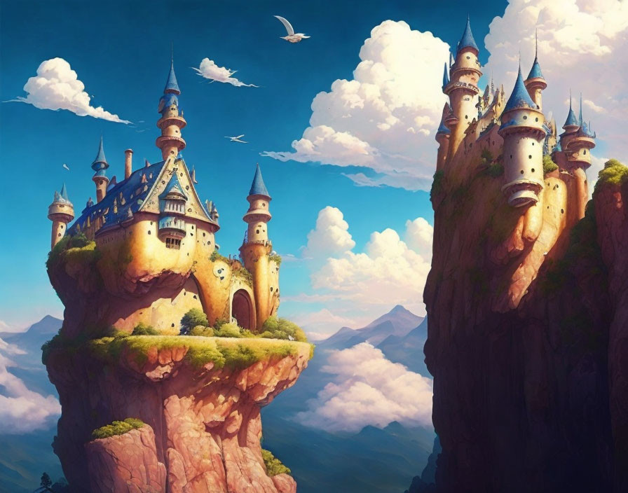 Fantastical castle on floating island above mountains