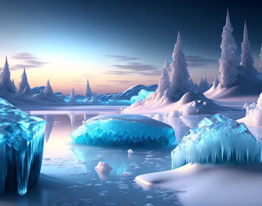 Winter Twilight Landscape with Ice Formations, Water, Snow, and Pine Trees