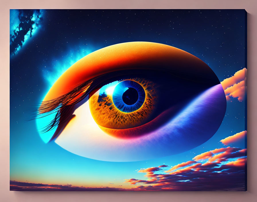 Surreal artwork: giant eye with vibrant blue iris in dramatic sky