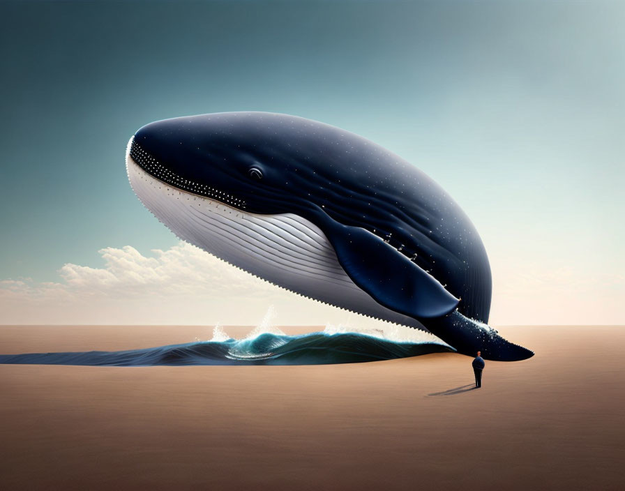 Surreal image of giant whale above desert with human observer