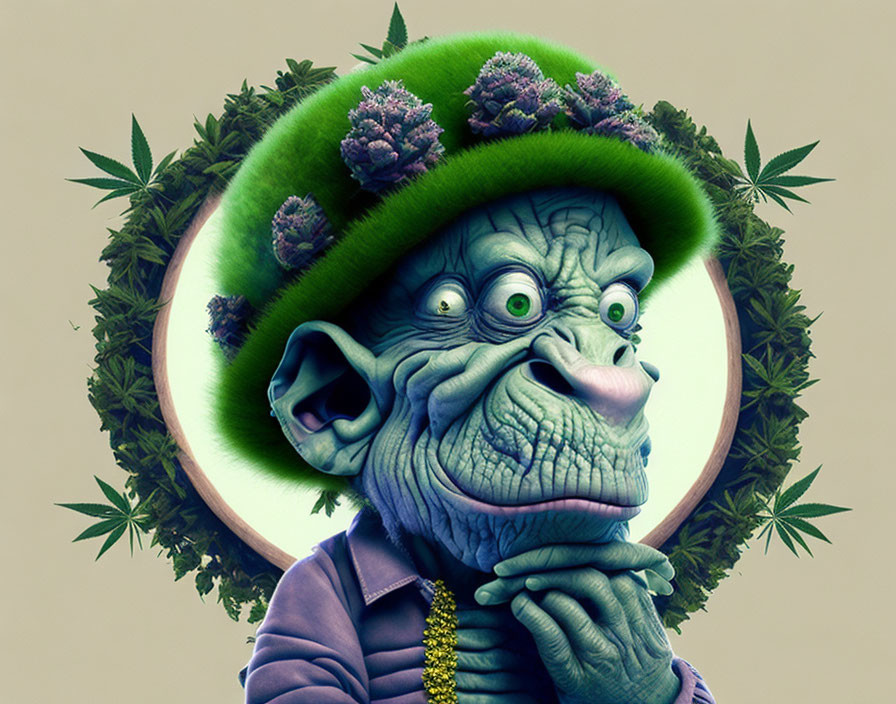 Elderly green creature with wide eyes and floral hat among cannabis leaves