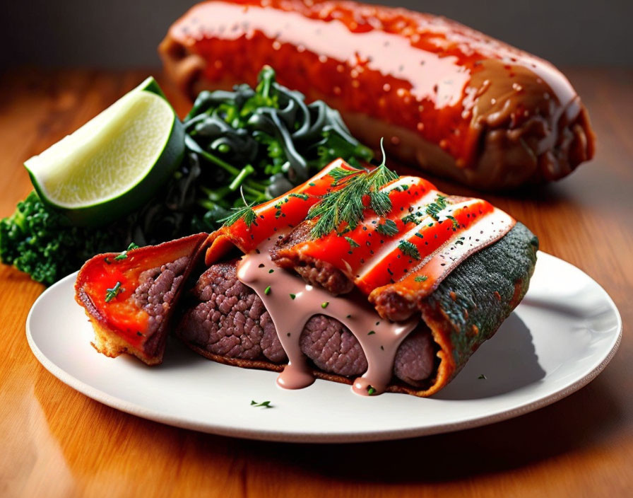 Sliced Steak with Sauce, Seaweed, Lemon, and Sausage on Plate